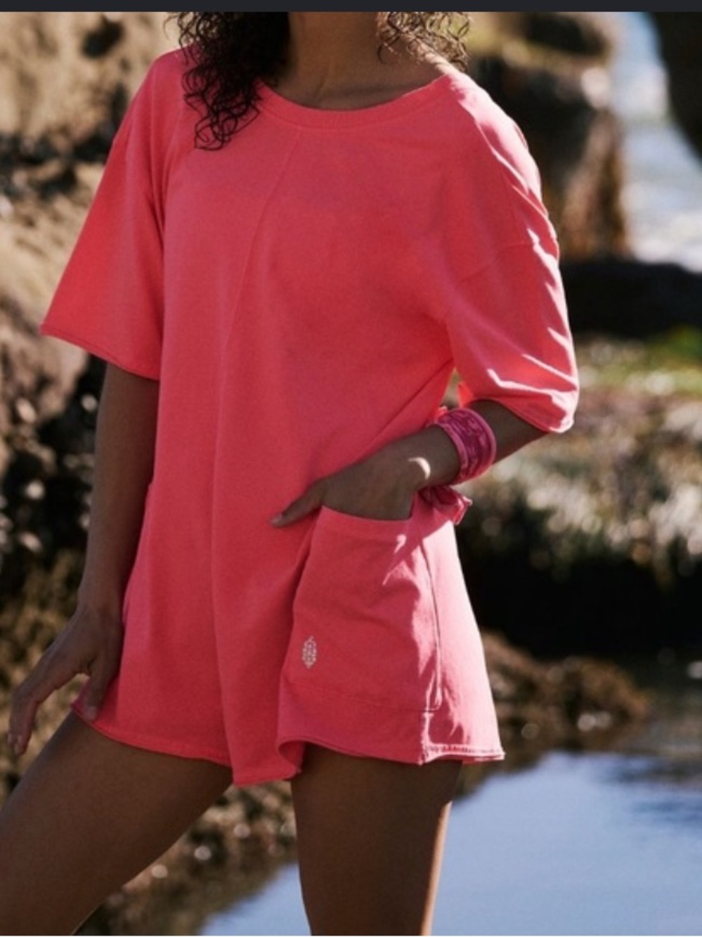 Hot pink free people movement tee romper v neck fall active nwot casual